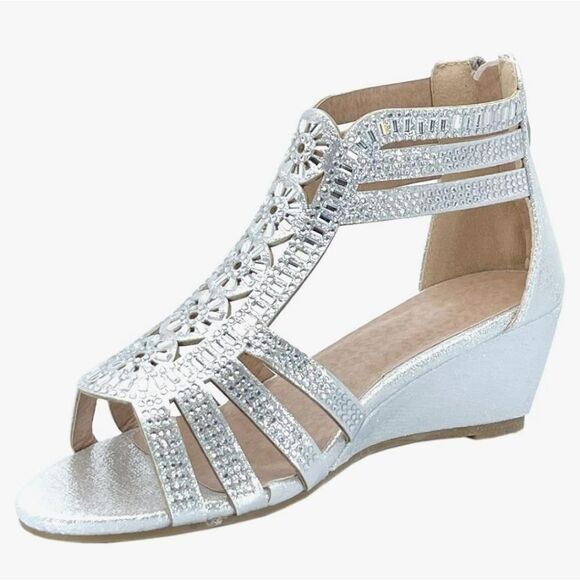 BRAND NEW FOREVER PEEP- TOE GLITTER GLADIATOR LOW WEDGE HEEL SANDALS - Picture 16 of 16